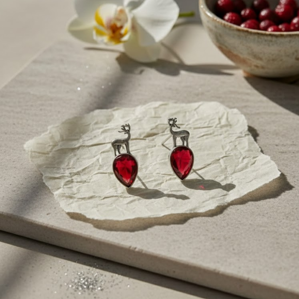 Crimson Stag Oxidised Silver Stud Earrings