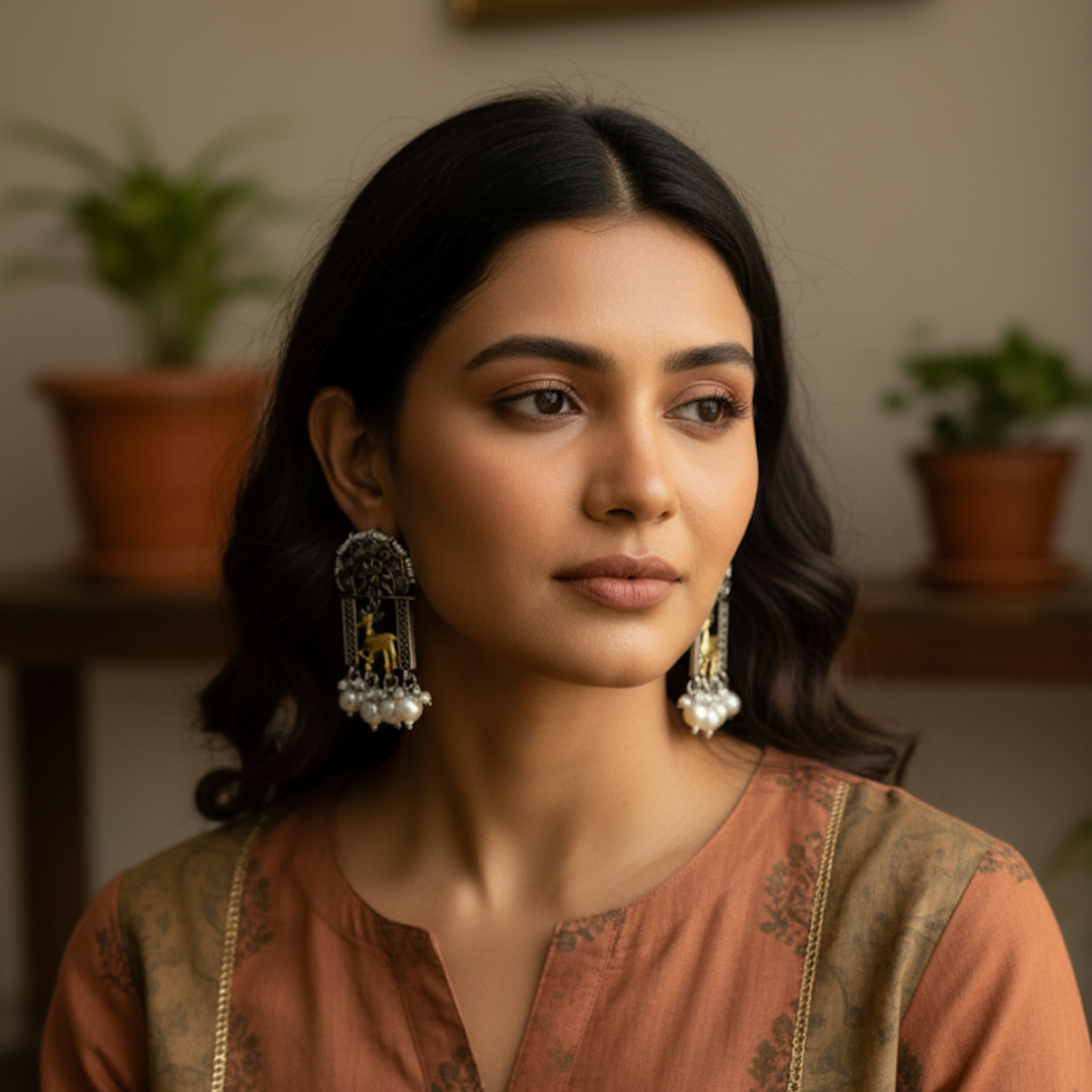 Deer Golden German Silver Earrings