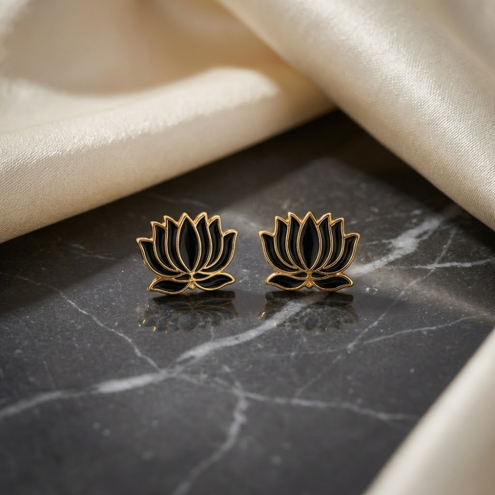 Sacred Lotus Black & Gold Stud Earrings