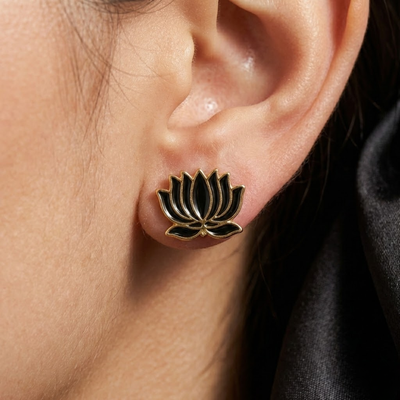 Sacred Lotus Black & Gold Stud Earrings