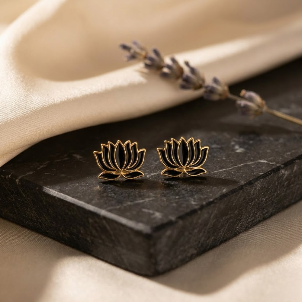 Sacred Lotus Black & Gold Stud Earrings
