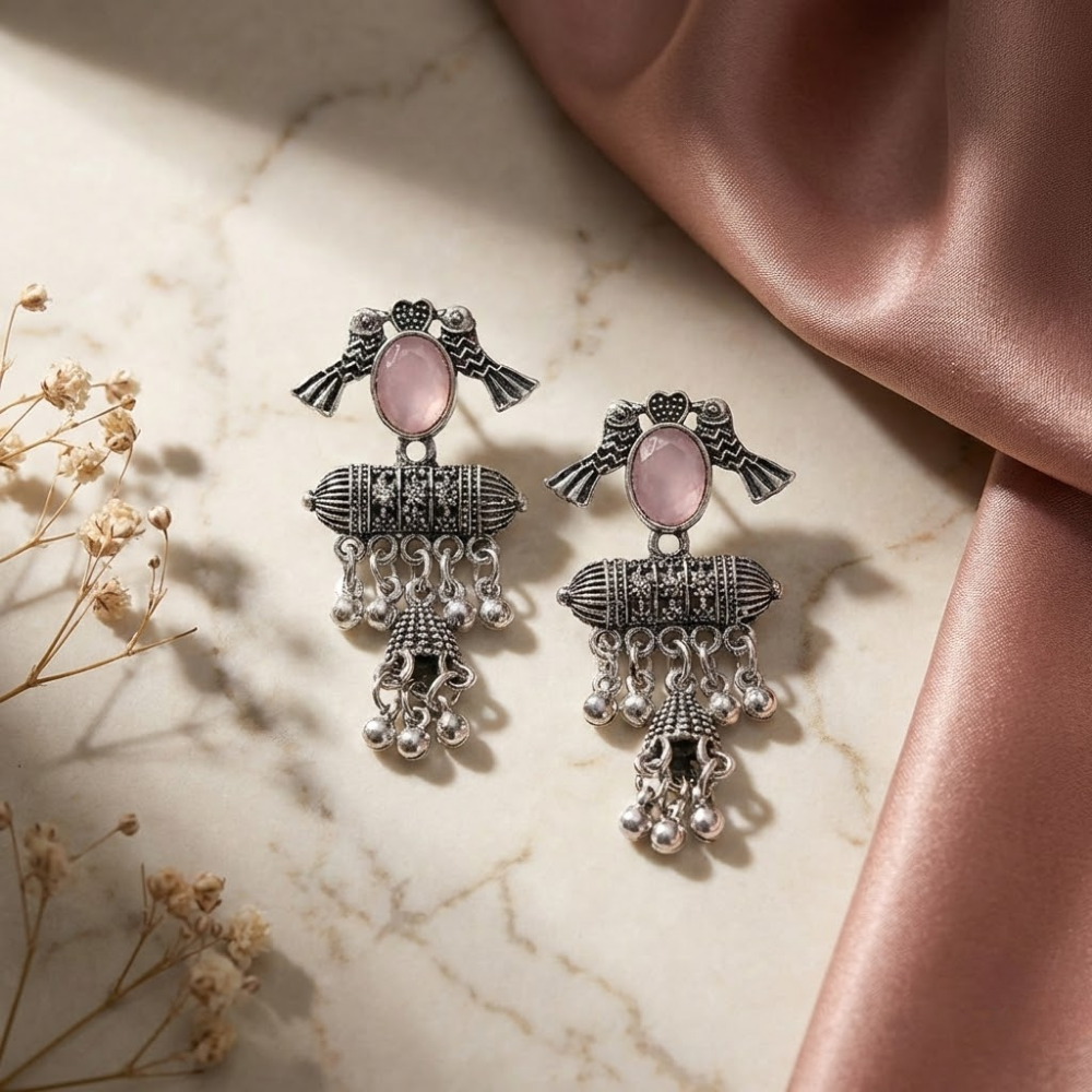 Oxidised Silver Chandbali Jhumka Earrings with Pink Stone & Ghungroo Drops – Traditional Ethnic Statement Earrings