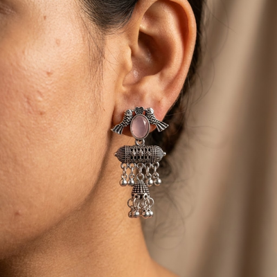 Oxidised Silver Chandbali Jhumka Earrings with Pink Stone & Ghungroo Drops – Traditional Ethnic Statement Earrings