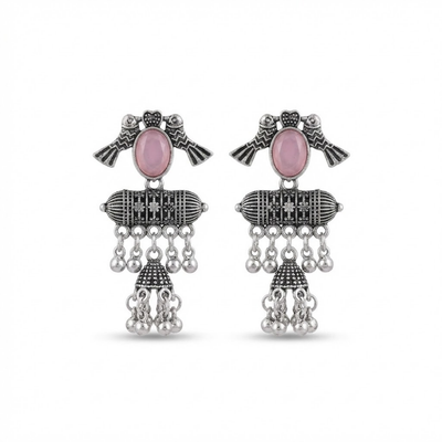 Oxidised Silver Chandbali Jhumka Earrings with Pink Stone & Ghungroo Drops – Traditional Ethnic Statement Earrings