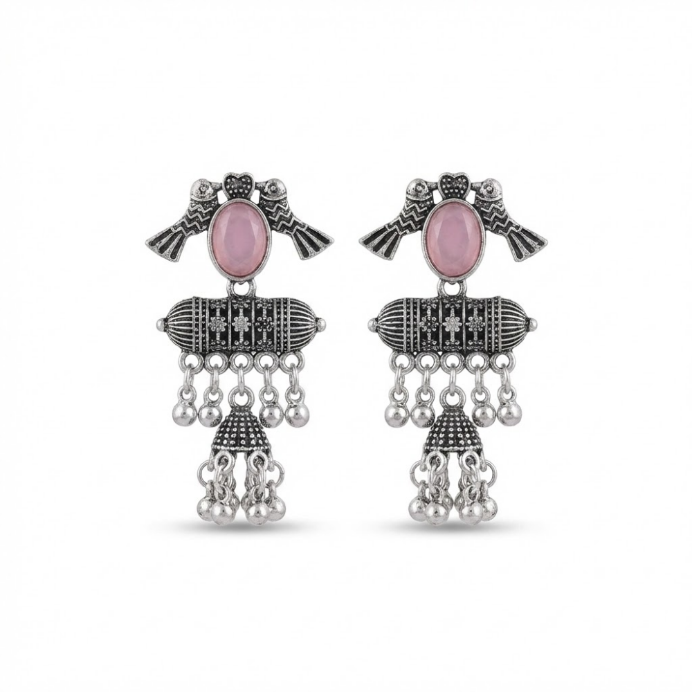 Oxidised Silver Chandbali Jhumka Earrings with Pink Stone & Ghungroo Drops – Traditional Ethnic Statement Earrings