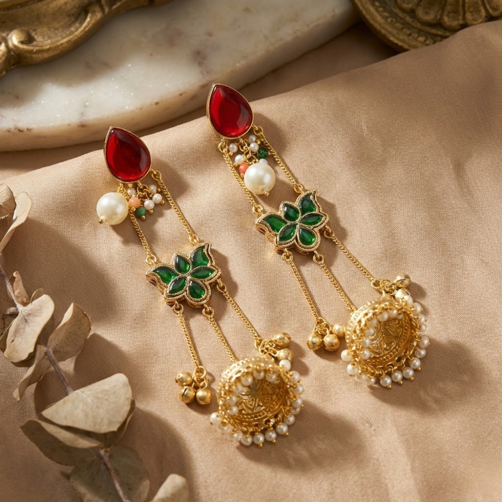 Royal Red & Emerald Floral Jhumka Drop Earrings with Pearls | Traditional Gold Finish Long Earrings