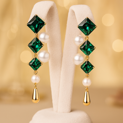 Elena Emerald Pearl Korean Earrings