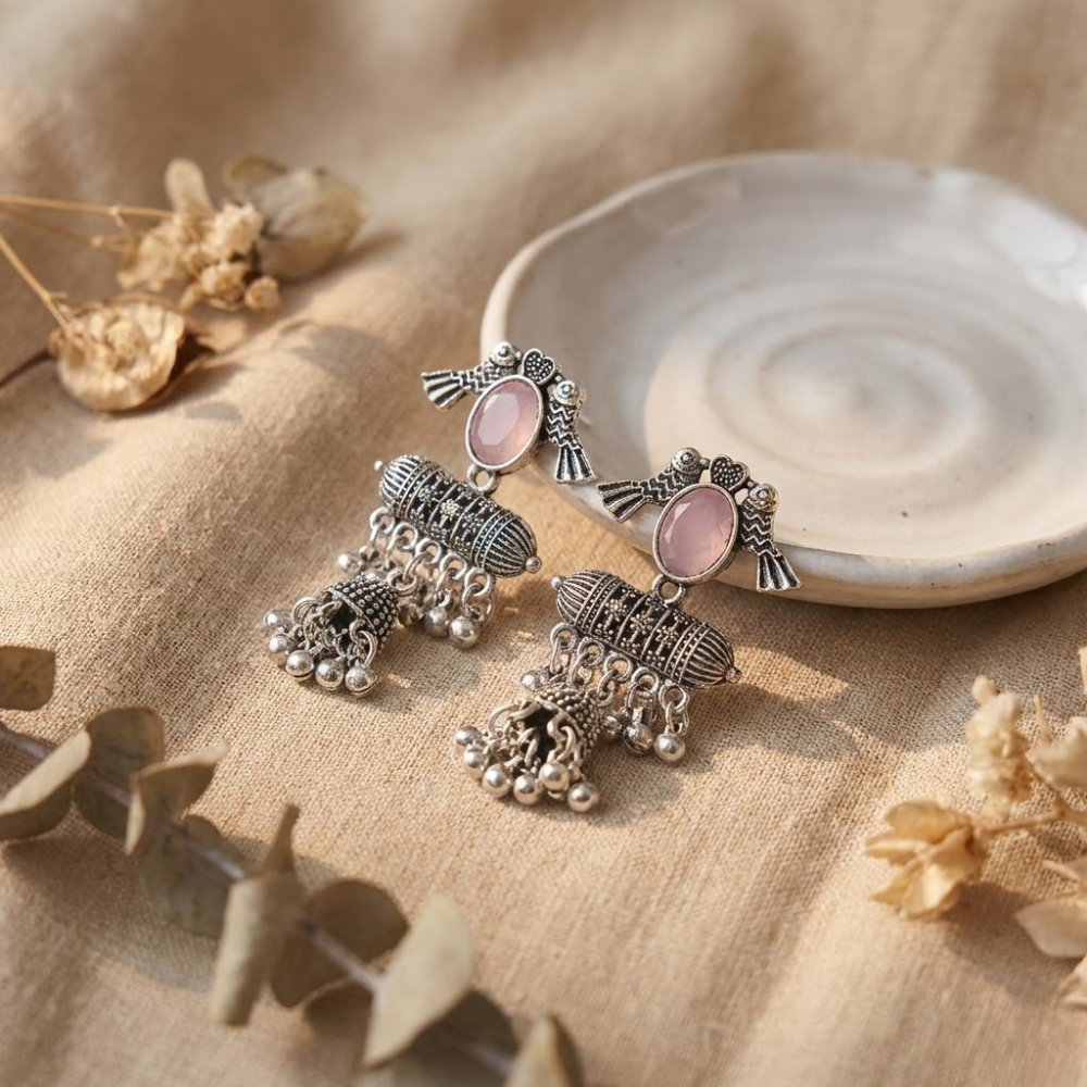 Oxidised Silver Chandbali Jhumka Earrings with Pink Stone & Ghungroo Drops – Traditional Ethnic Statement Earrings