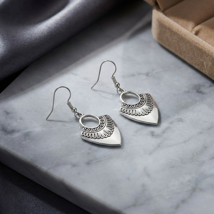 Oxidised Silver Geometric Drop Earrings with Tribal Detailing | Minimal Boho Everyday Earrings