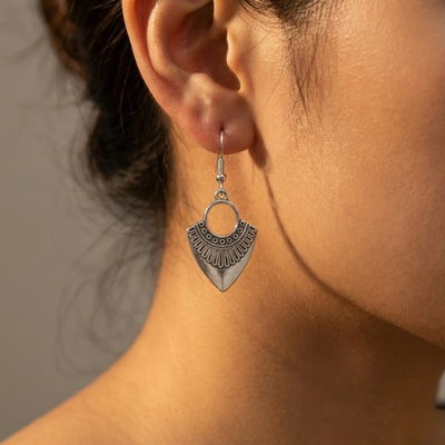 Oxidised Silver Geometric Drop Earrings with Tribal Detailing | Minimal Boho Everyday Earrings