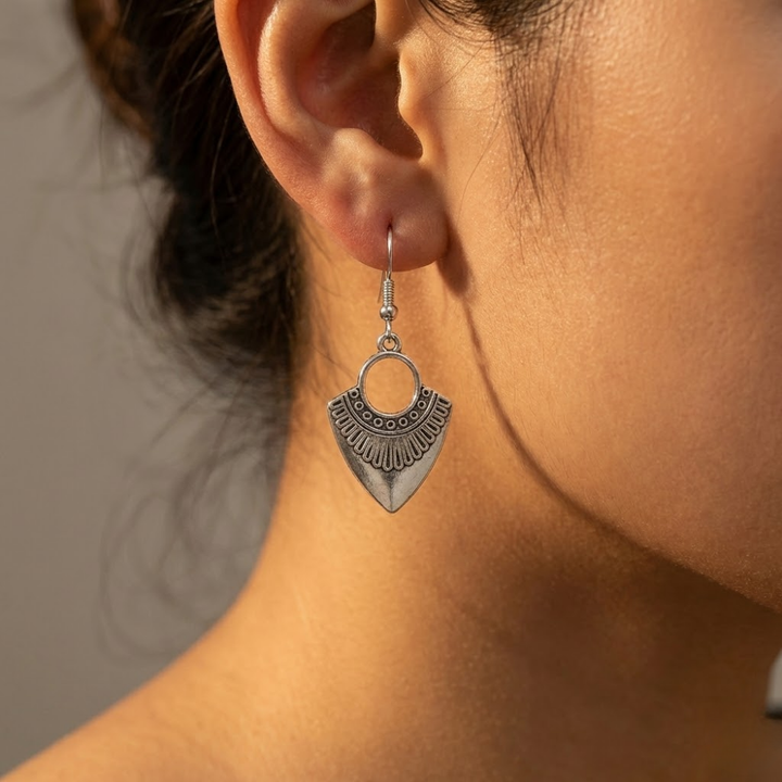 Oxidised Silver Geometric Drop Earrings with Tribal Detailing | Minimal Boho Everyday Earrings