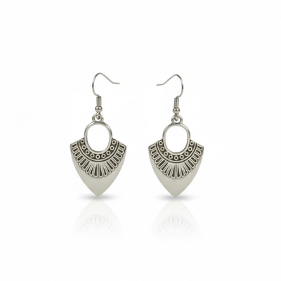 Oxidised Silver Geometric Drop Earrings with Tribal Detailing | Minimal Boho Everyday Earrings