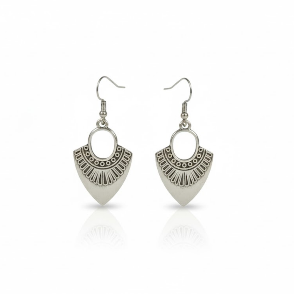 Oxidised Silver Geometric Drop Earrings with Tribal Detailing | Minimal Boho Everyday Earrings