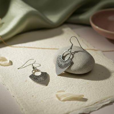 Oxidised Silver Geometric Drop Earrings with Tribal Detailing | Minimal Boho Everyday Earrings