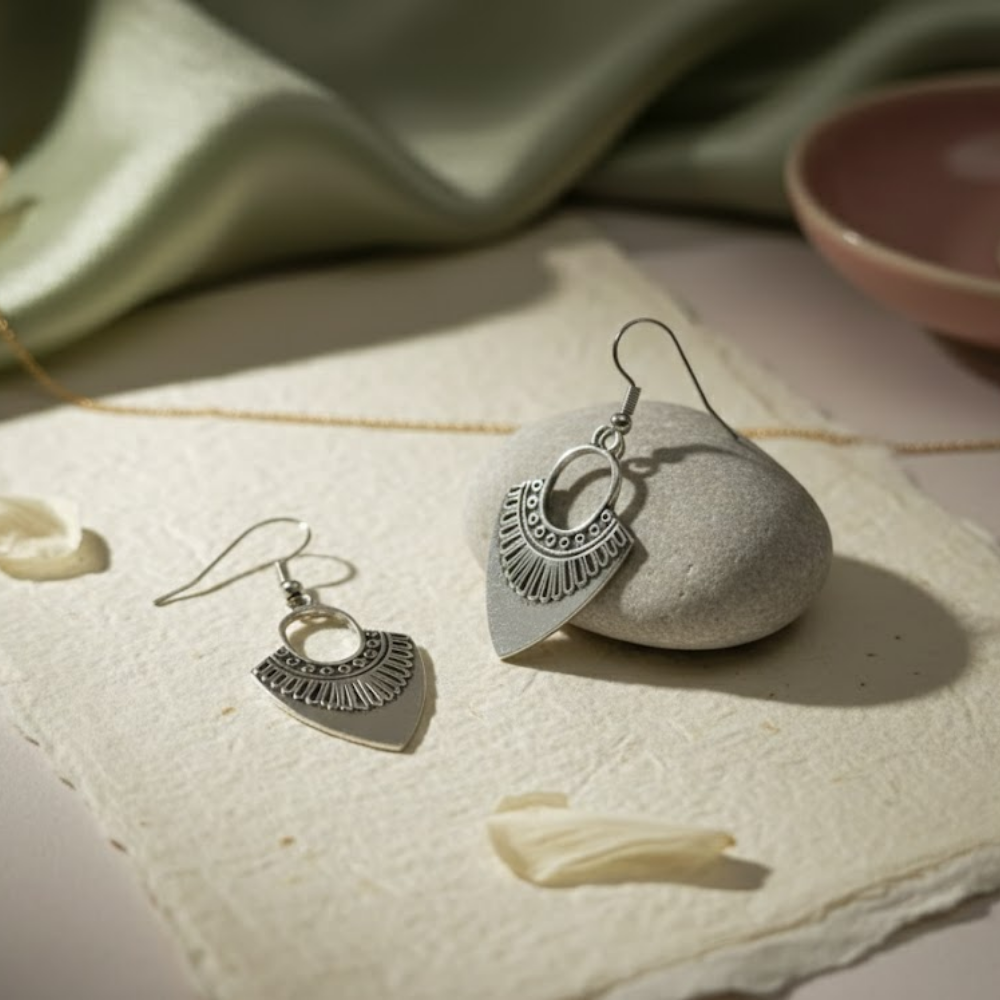 Oxidised Silver Geometric Drop Earrings with Tribal Detailing | Minimal Boho Everyday Earrings
