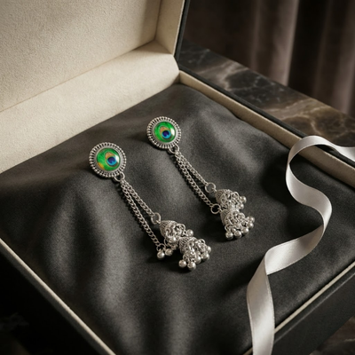 Oxidised Silver Peacock Feather Jhumka Drop Earrings with Dual Chain Tassels – Elegant Ethnic Danglers for Women