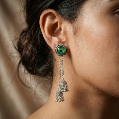 Oxidised Silver Peacock Feather Jhumka Drop Earrings with Dual Chain Tassels – Elegant Ethnic Danglers for Women