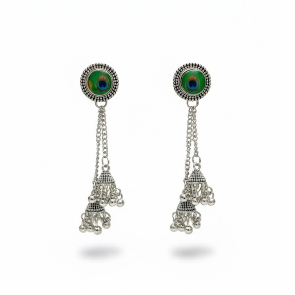 Oxidised Silver Peacock Feather Jhumka Drop Earrings with Dual Chain Tassels – Elegant Ethnic Danglers for Women