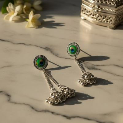 Oxidised Silver Peacock Feather Jhumka Drop Earrings with Dual Chain Tassels – Elegant Ethnic Danglers for Women