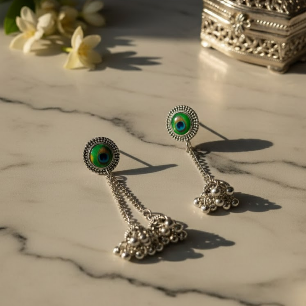 Oxidised Silver Peacock Feather Jhumka Drop Earrings with Dual Chain Tassels – Elegant Ethnic Danglers for Women