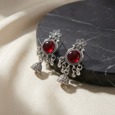 Oxidised Silver Red Stone Jhumka Earrings with Floral Stud | Traditional Tribal Style Earrings for Women