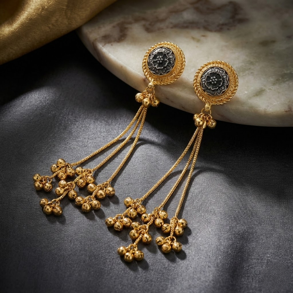 Antique Floral Coin Drop Earrings with Multi-Chain Ghungroo Tassels – Gold Finish Statement Studs