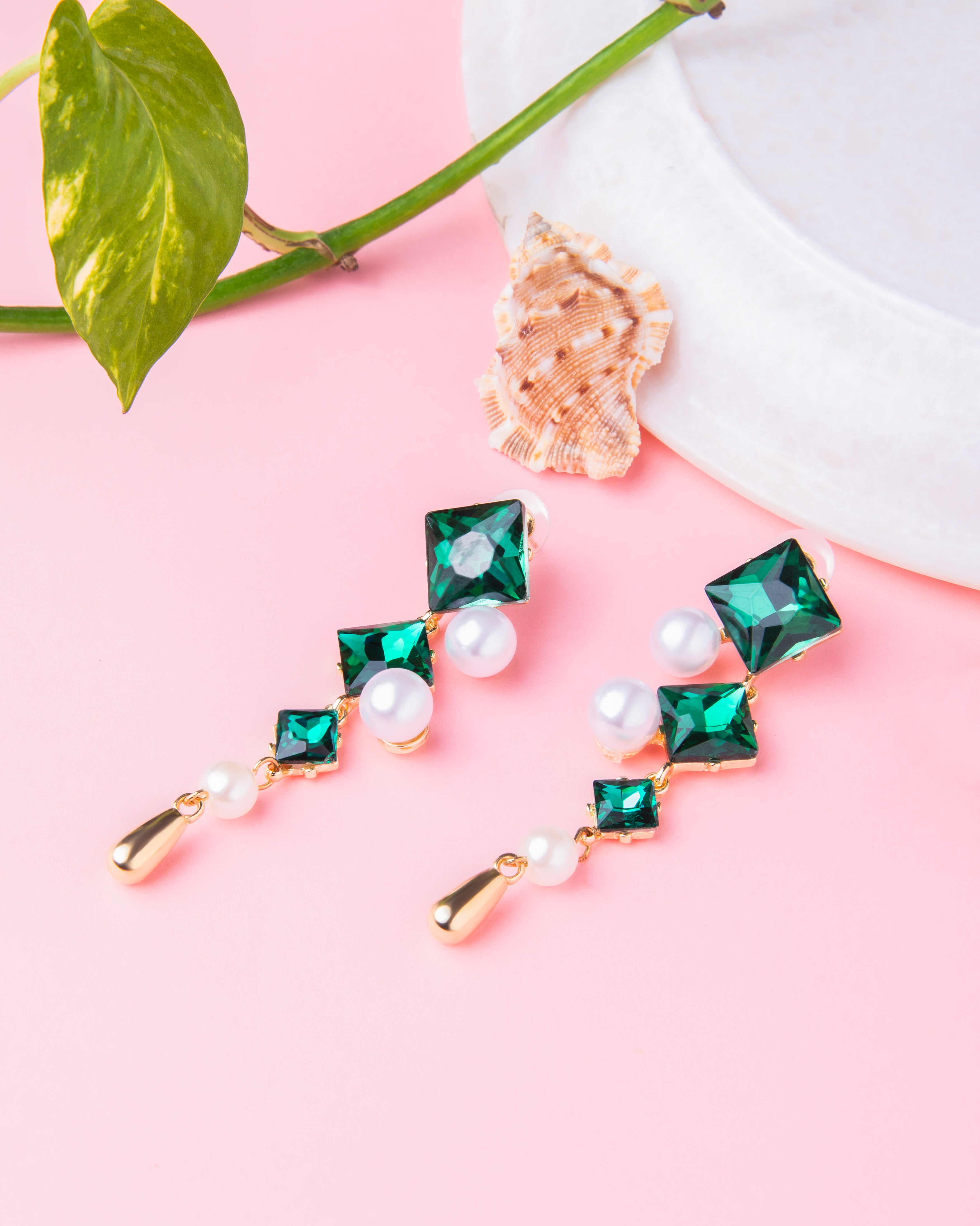 Elena Emerald Pearl Korean Earrings